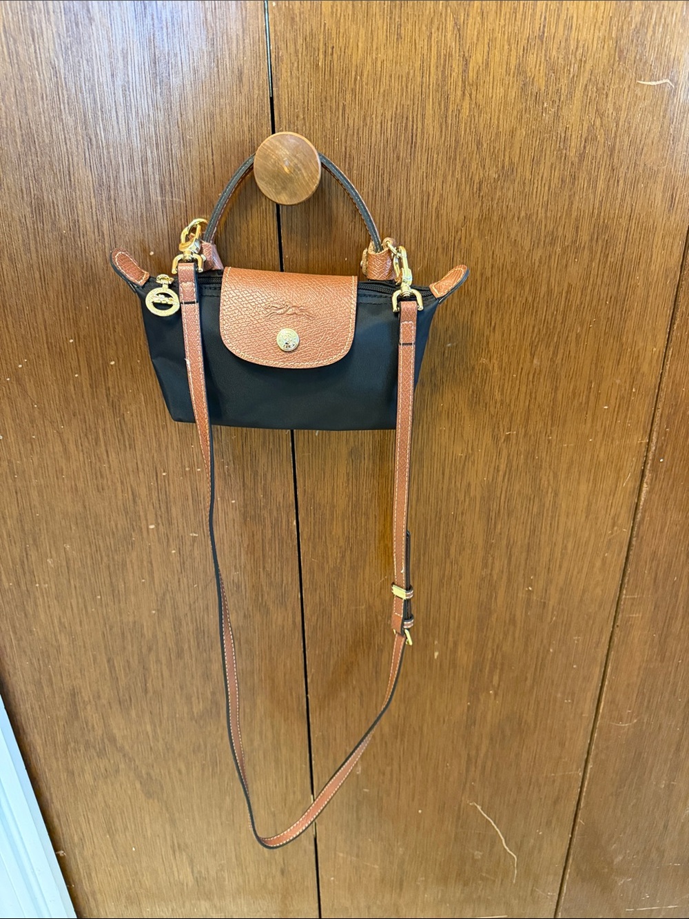 Longchamp Le Pliage Mini Black Nylon Crossbody with Brown Leather Trim - NWOT